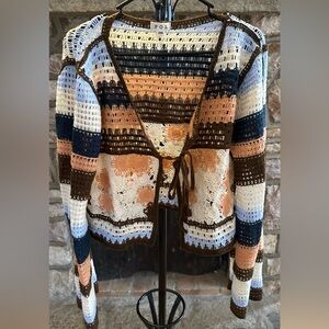 (NWOT) POL Crochet Cardigan Tie Front Boho Open Knit Striped Festival Sweater OS